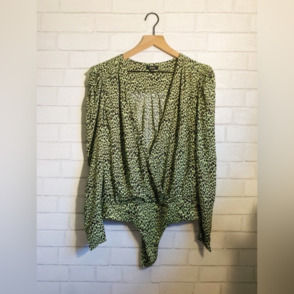 AFRM Green Leopard Print Long Sleeve Bodysuit